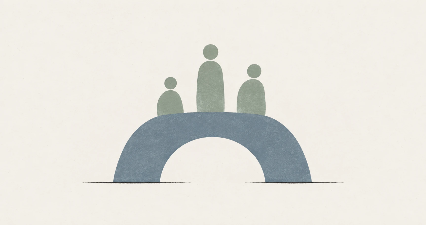 A quiet arch supports three figures, turning leadership into shared capability.