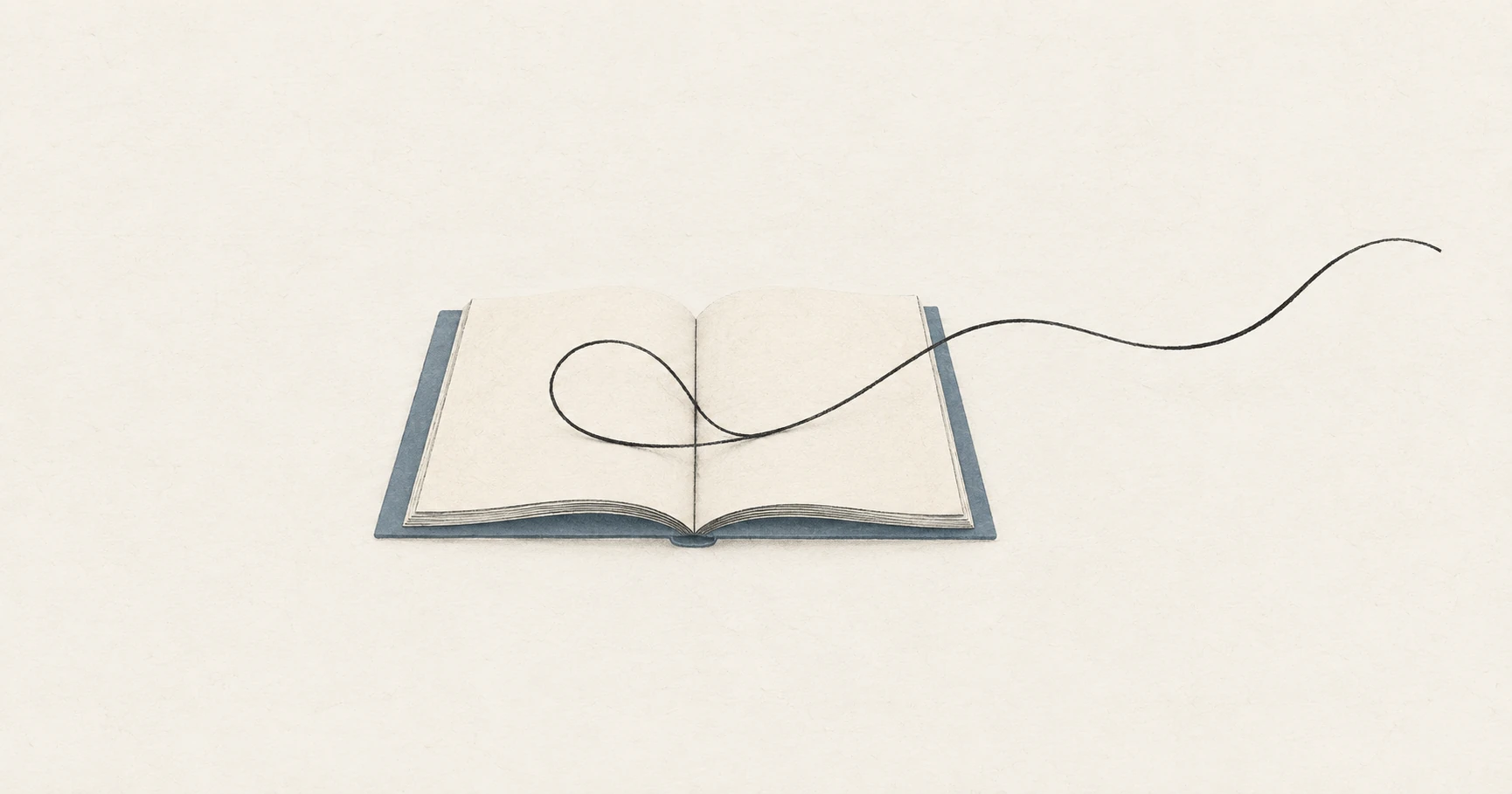 A loose thread escapes a blank open book, leaving the story unfinished.