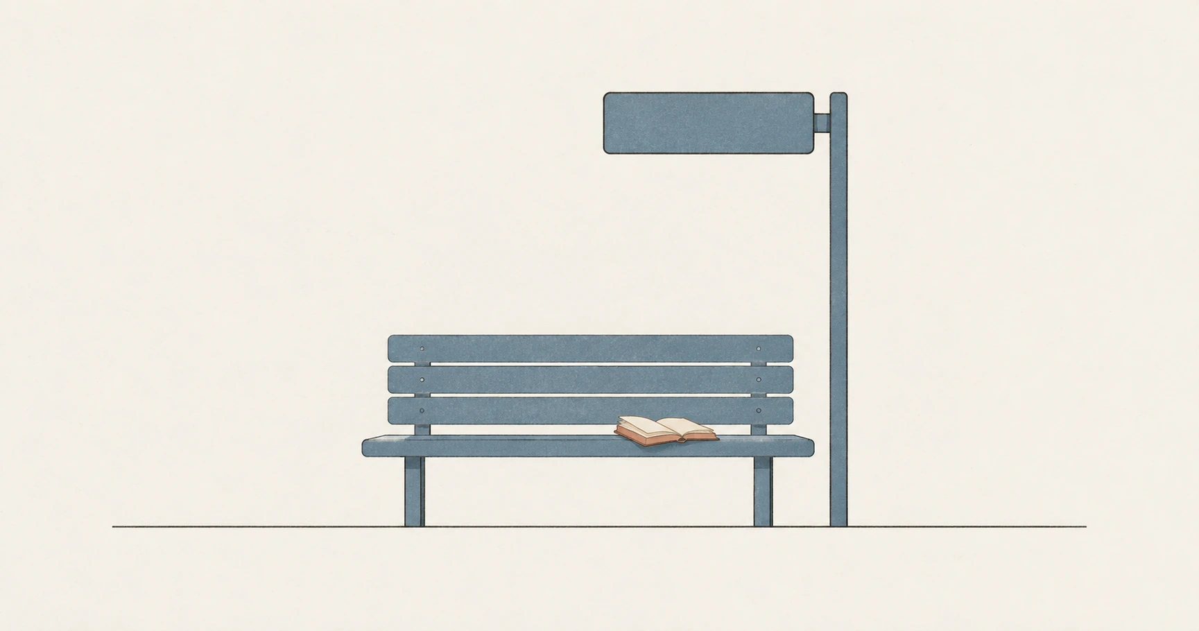 A quiet bench and blank arrival board, with an open book reclaiming the waiting time.