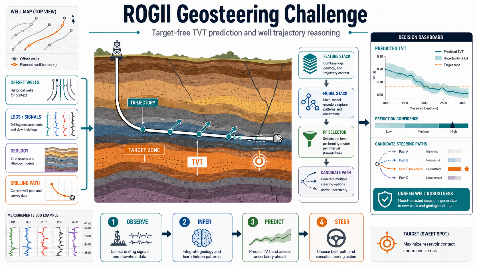 ROGII 지층 정렬과 TVT 예측을 설명하는 geosteering 개요도